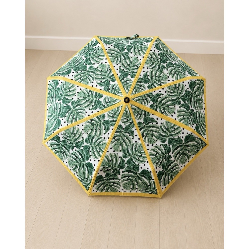 MacKenzie-Childs Monstera Leaf Dot Folding Rain Umbrella Yellow Trim